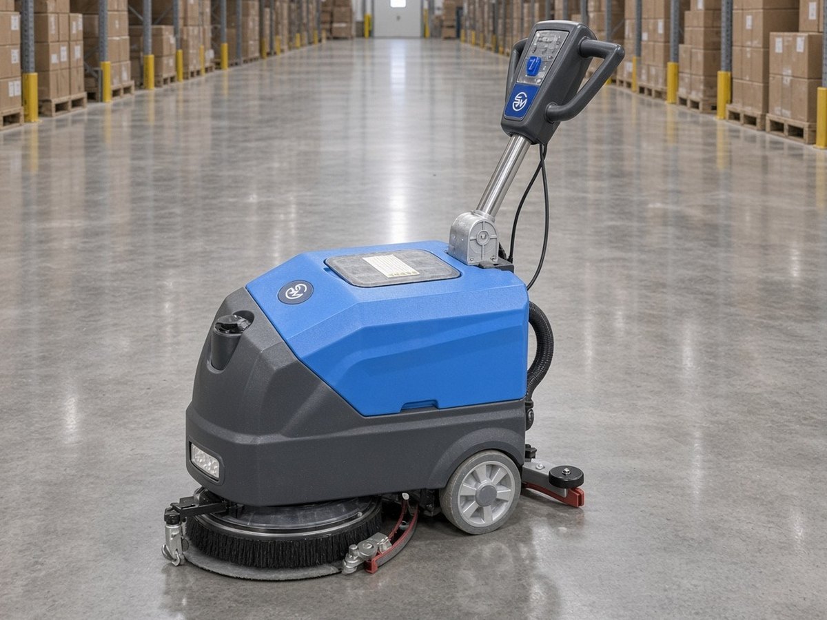 ScrubWise A15 Mini walk-behind floor scrubber in a warehouse