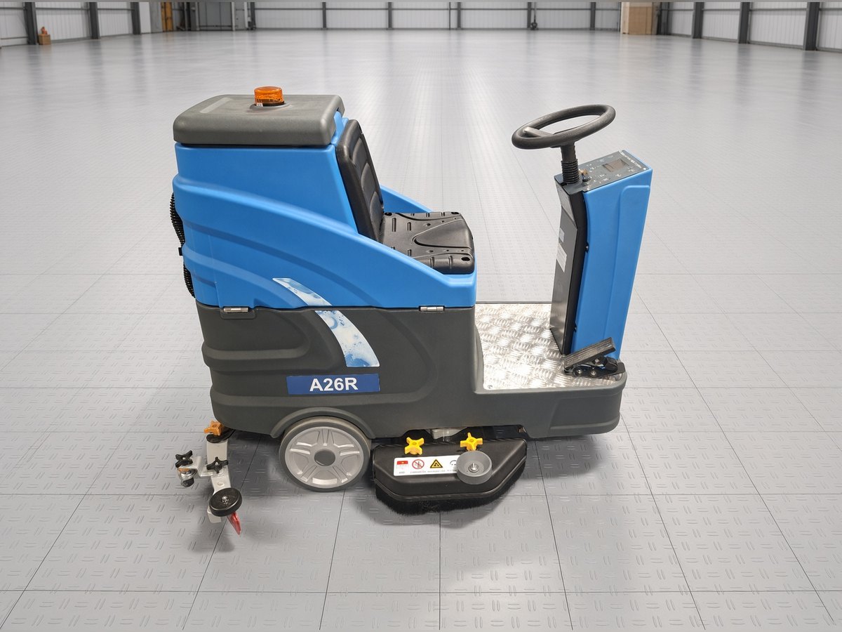 ScrubWise A26R ride-on floor scrubber, side view