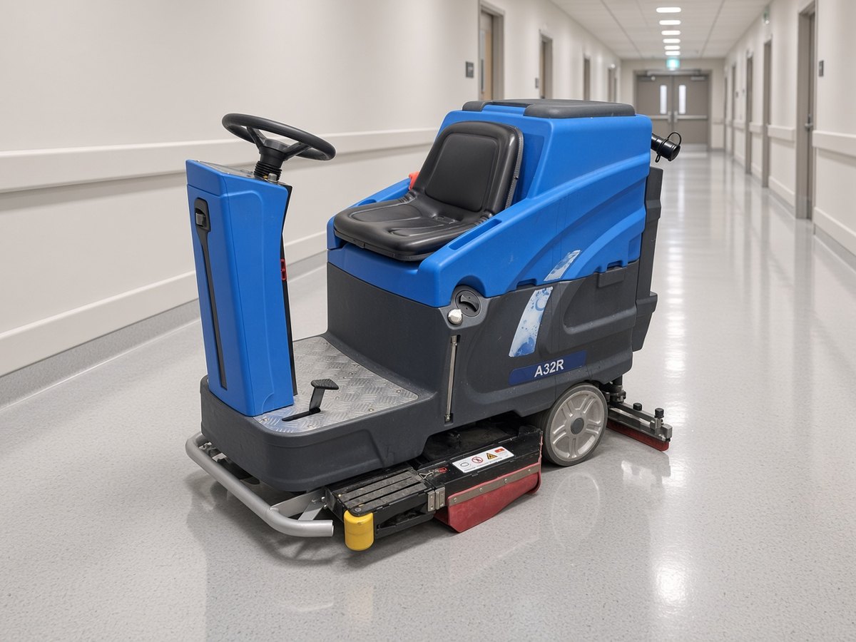 ScrubWise A32R ride-on floor scrubber in a hospital corridor