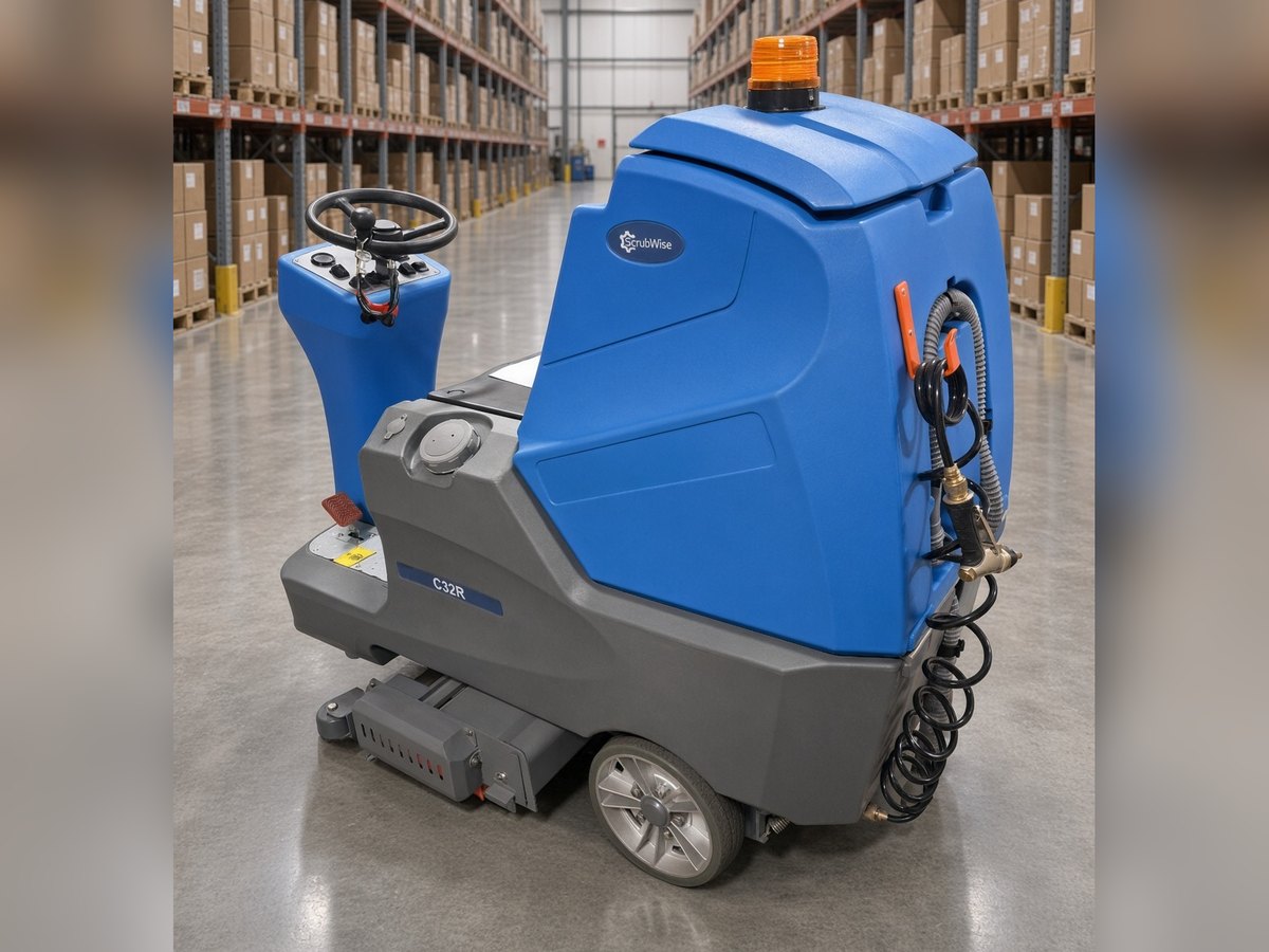 ScrubWise C32R ride-on cylindrical floor scrubber, rear three-quarter view in a warehouse