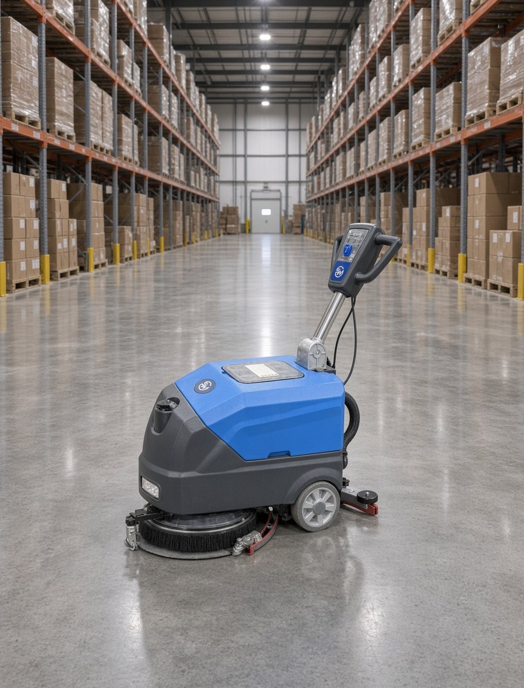 ScrubWise A15 Mini walk-behind floor scrubber in a warehouse