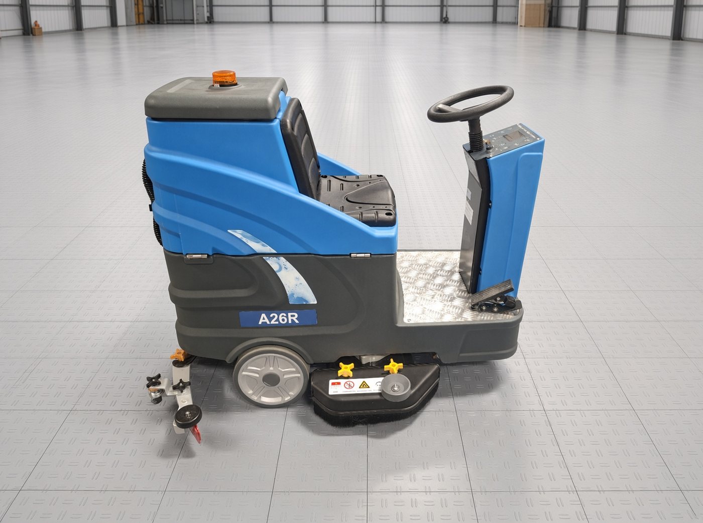 ScrubWise A26R ride-on floor scrubber, side view