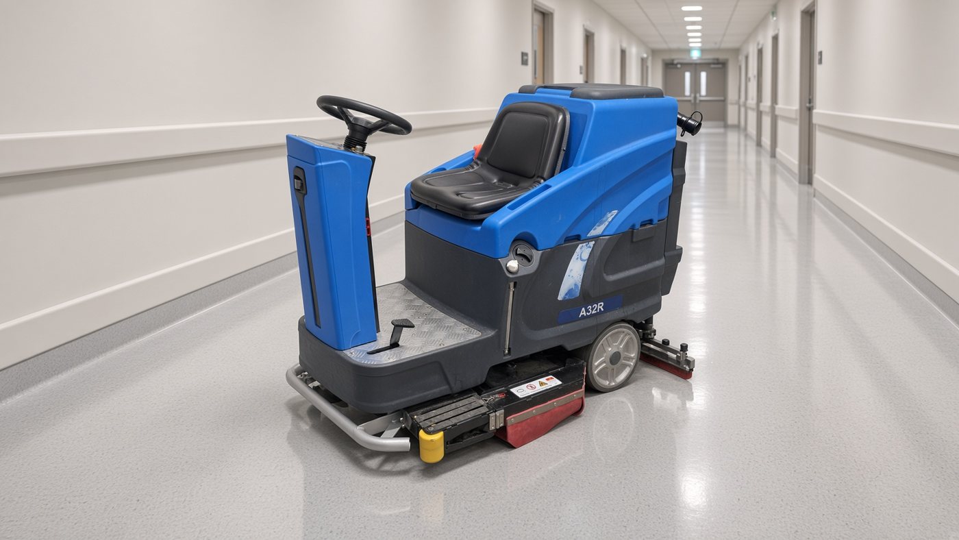 ScrubWise A32R ride-on floor scrubber in a hospital corridor