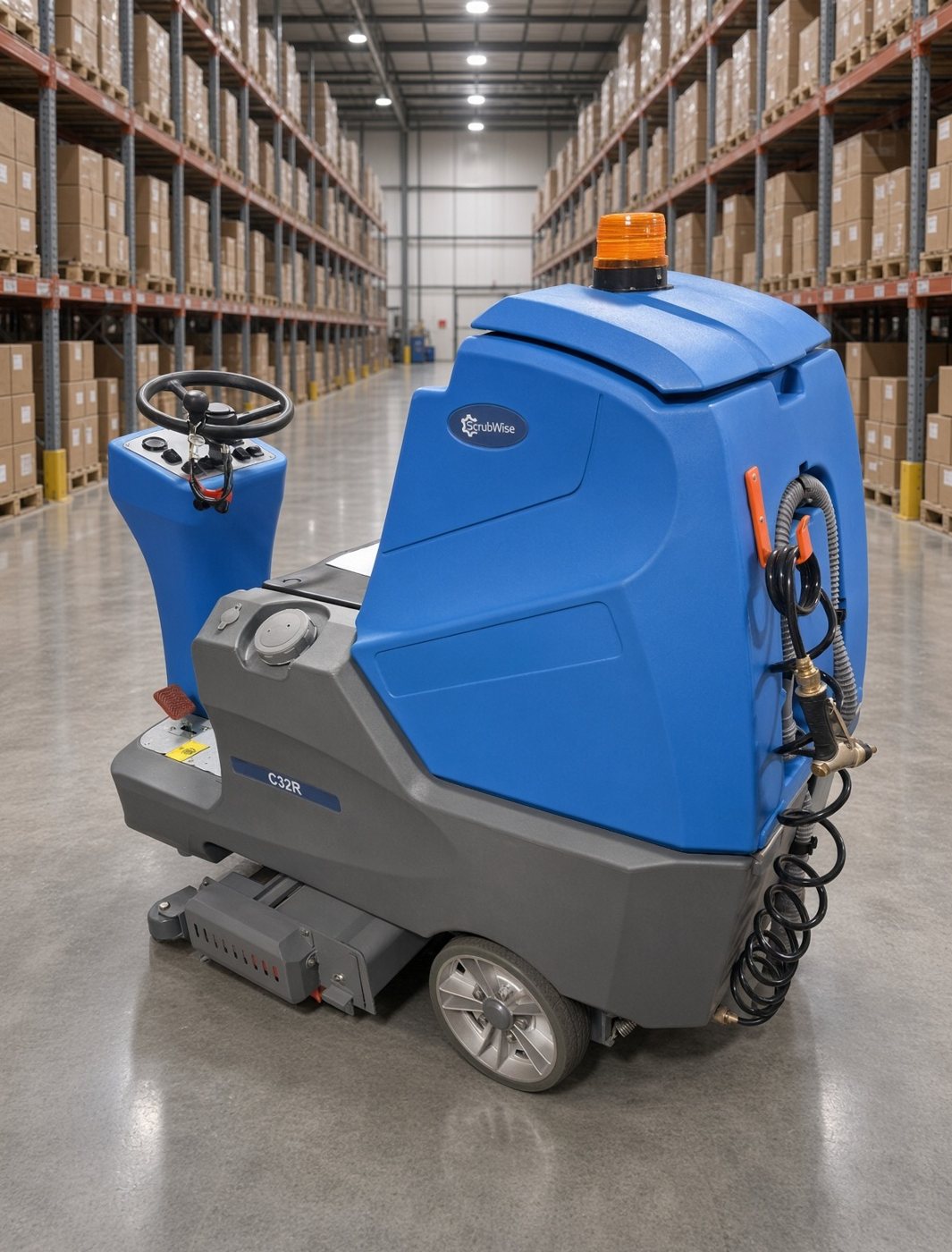 ScrubWise C32R ride-on cylindrical floor scrubber, rear three-quarter view in a warehouse