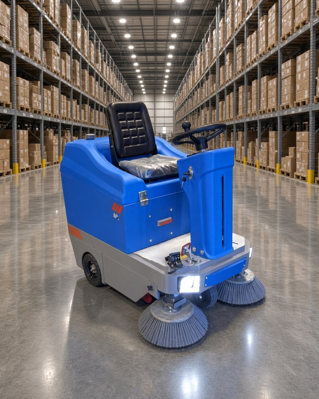 ScrubWise S50 compact ride-on floor sweeper, front three-quarter view in a warehouse