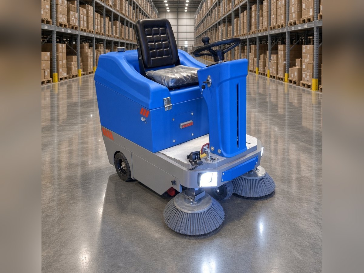 ScrubWise S50 compact ride-on floor sweeper, front three-quarter view in a warehouse